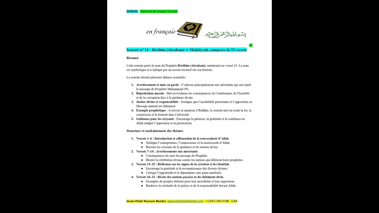 FRANCAIS_QURAN_Résume de chaque Sourah_Sourah#14 IBRAHIM(AS) Imam Khidr Bamba www.imamkhidrbamba.com