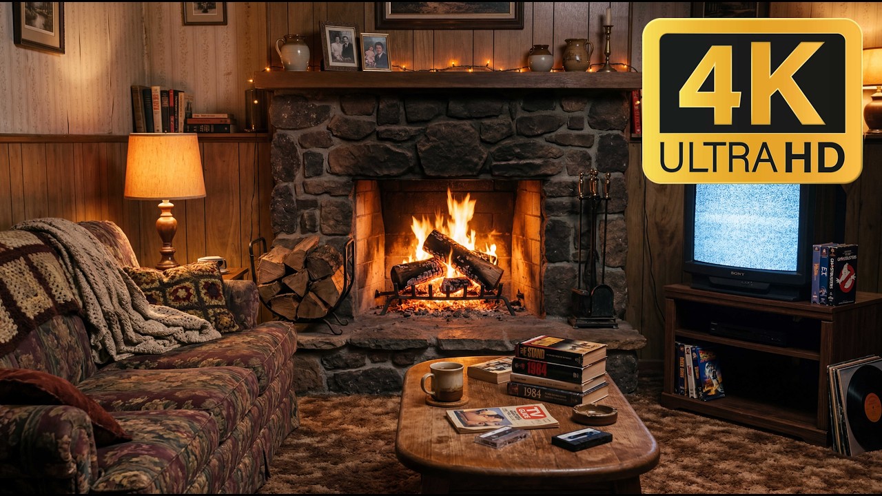 12H Live Retro Fireplace 4K 📺 80s/90s Vintage Living Room, Cozy Fire Ambience (No Music)