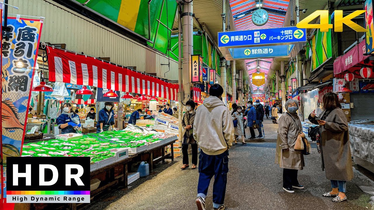 【4K HDR】Walk in Kanazawa Omicho Fish Market - Japan Walking Tour - Fall 2020
