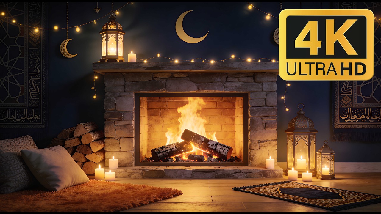 12H Ramadan Night Fireplace 4K 🌙 Lantern Light & Peaceful Crackling Fire (No Music)