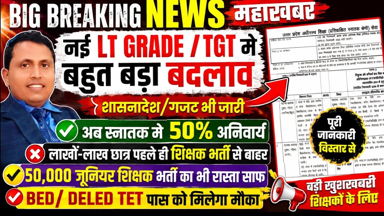 महाखबर  LT GRADE /TGT नई नियमावली / योग्यता जारी II नई जूनियर शिक्षक भर्ती का रास्ता साफ  
