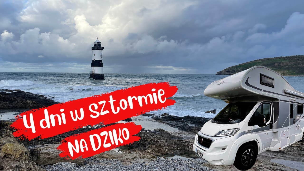 Polnocna Walia kamperem podczas sztormu na dziko.