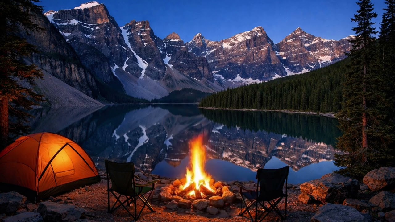 Relaxing Campfire & Piano at Moraine Lake, Canada 🌲🔥 | Lake Ambience for relaxing & Meditation (4K)