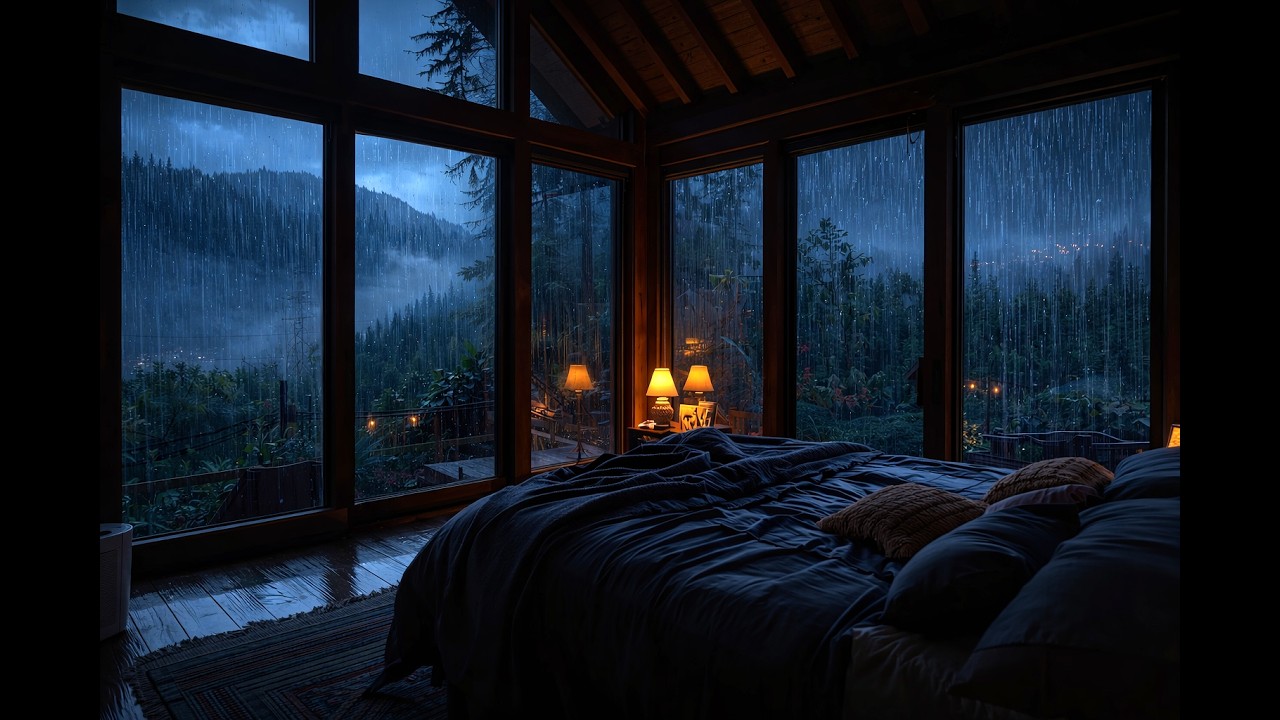 Cozy Cabin Bedroom Rain 🌧️| Night Rain on Windows & Forest Rain Sounds for Sleep, Study & Relaxation