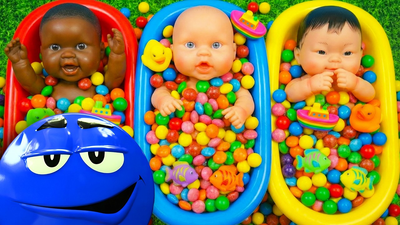 4 Minutes Satisfying with Full of 3 Rainbow BathTubs Candy with M&M's & Magic Slime Cutting Video15