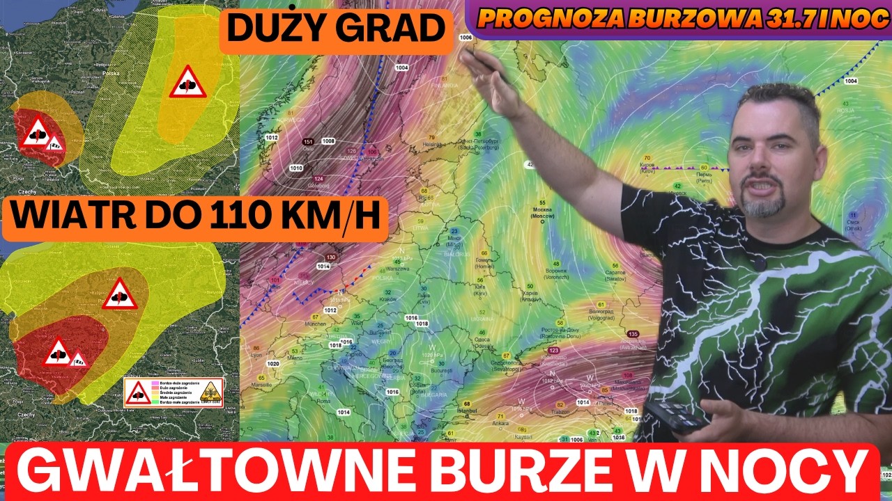 Gwałtowne burze piątek i w nocy. Możliwy układ MCS. Porywy do 110 km/h i duży grad. Upalnie.