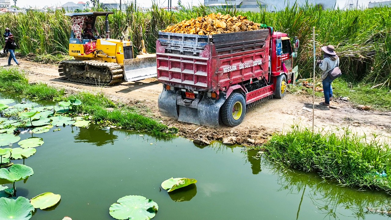 Perfect First Start New Landfill By Skill Dozer Pushing Stone Into Flooded Area With Dump Truck 5ton