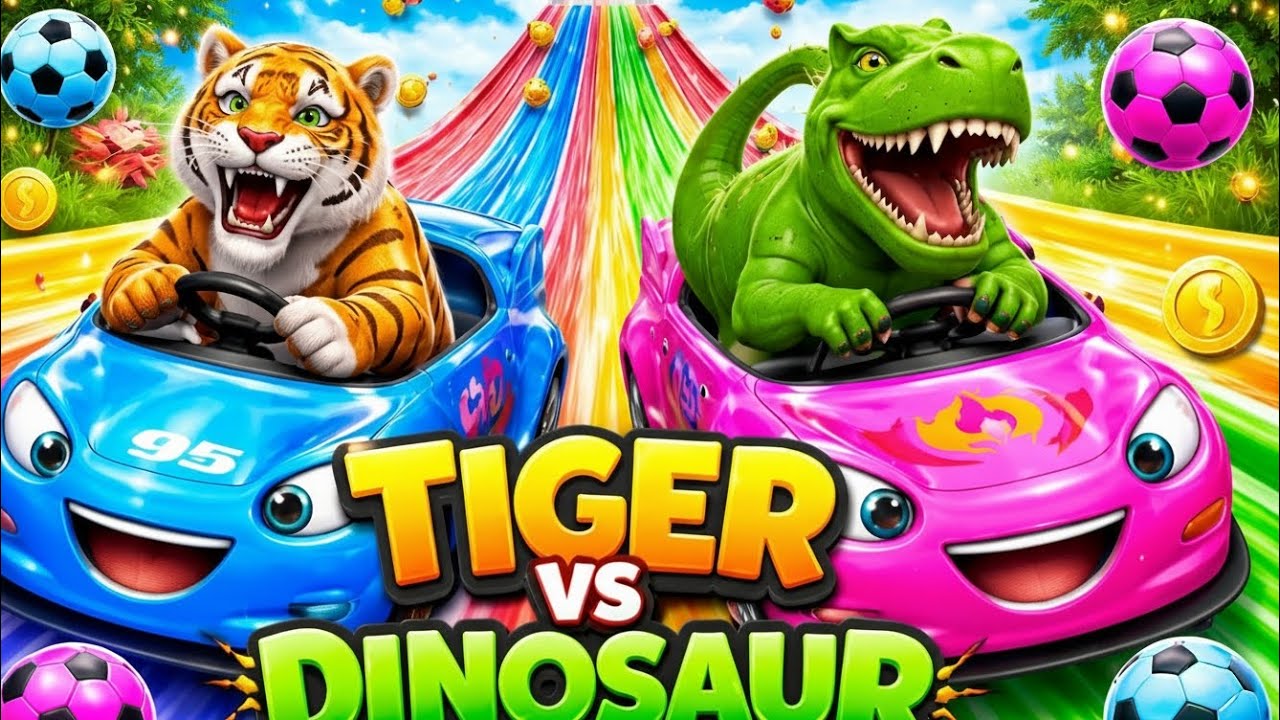 Funny 3D Animals Long Slide Game 🐯🦖 | Tiger vs Dinosaur Car Race | Kids Cartoon Animation