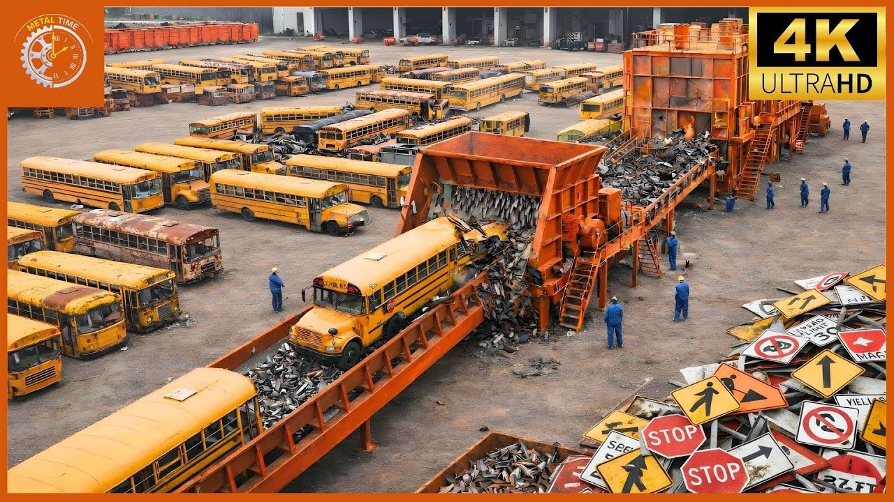 How Millions of Old School Buses Are Recycled Into Traffic Signs in a Mega Factory (Full Process)