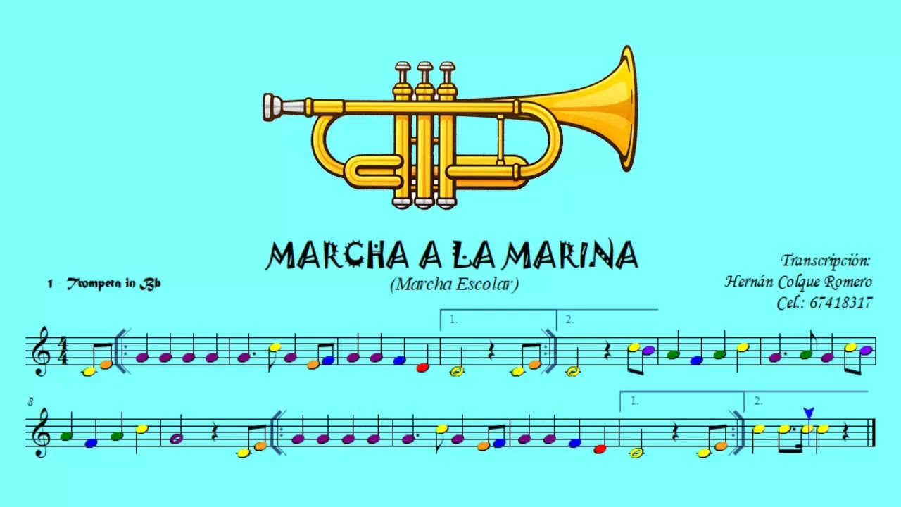 Como tocar marcha de la Marina 🎶 (marcha escolar) partitura y posición de dedos trompeta 🎺