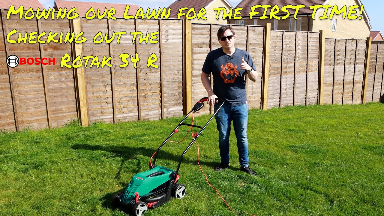 Mowing our Lawn for the FIRST TIME! Checking out the Bosch Rotak 34 R