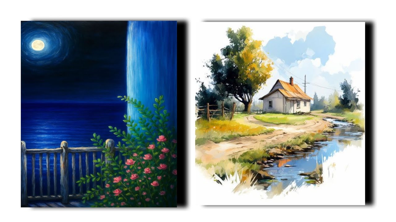 🌙✨ Night View & Village Landscape Painting | Easy Acrylic + Watercolor Art Tutorial