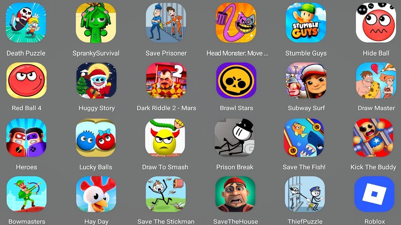 Roblox,Sprunki survival,Bowmasters,Lucky Balls,Subway Surf,Kick The Buddy,Huggy Story,Heros play