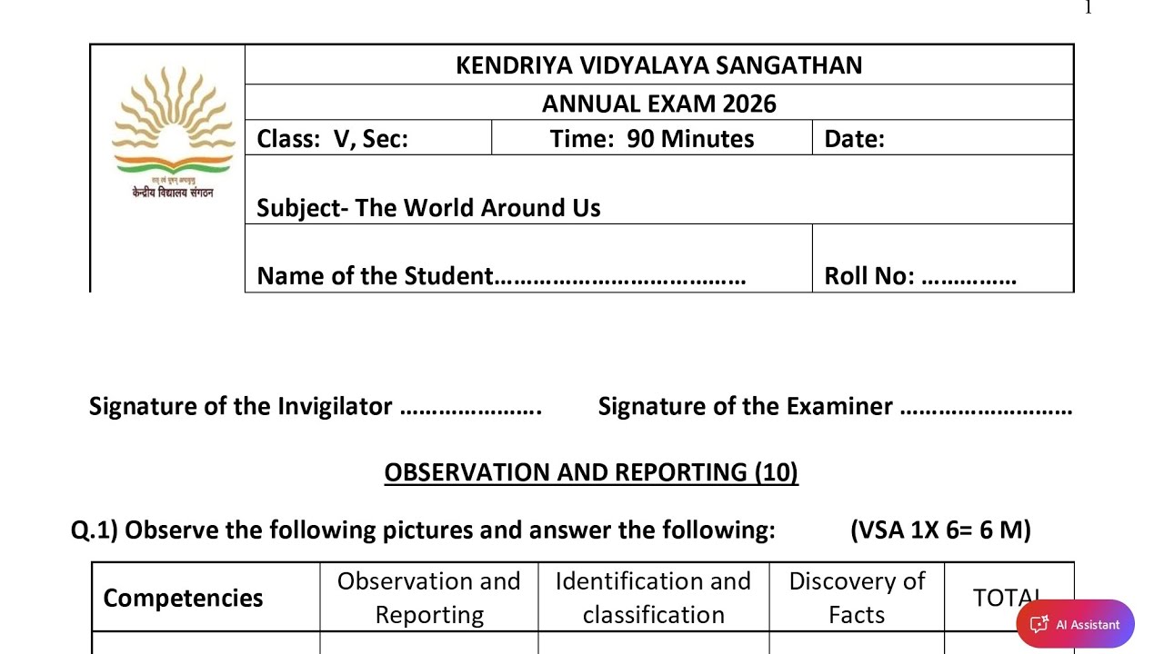 Class-5 TWAU (EVS) (PAPER-3) / Annual Exam 2026 Question Paper Session Ending  PM SHRI KV Term 2