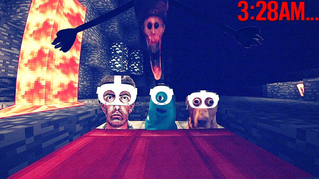 3 Idiots Have a Sleepover in a CAVE in VR Minecraft with Horror Mods