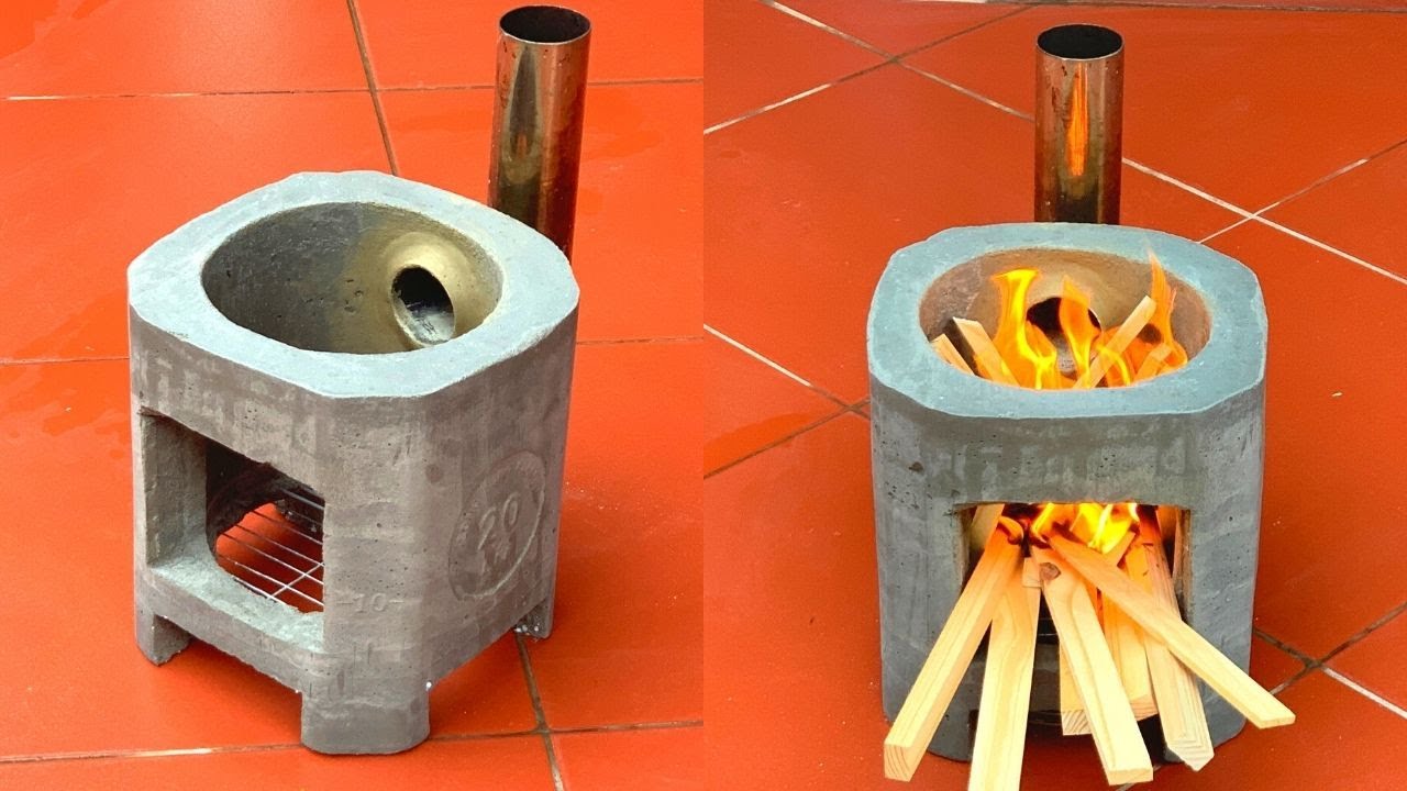 Smokeless wood stove made with cement and plastic barrels