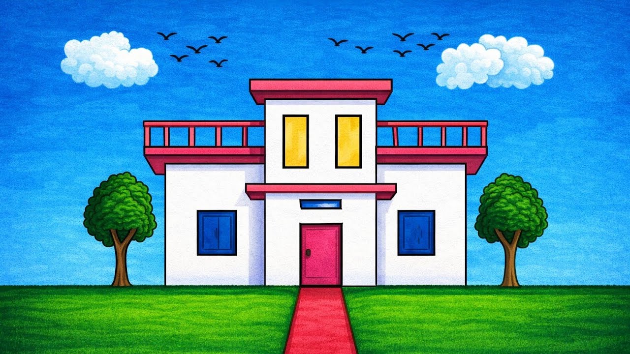 Beautiful House Drawing Easy | Beautiful Home Scenery Drawing Step by Step | 