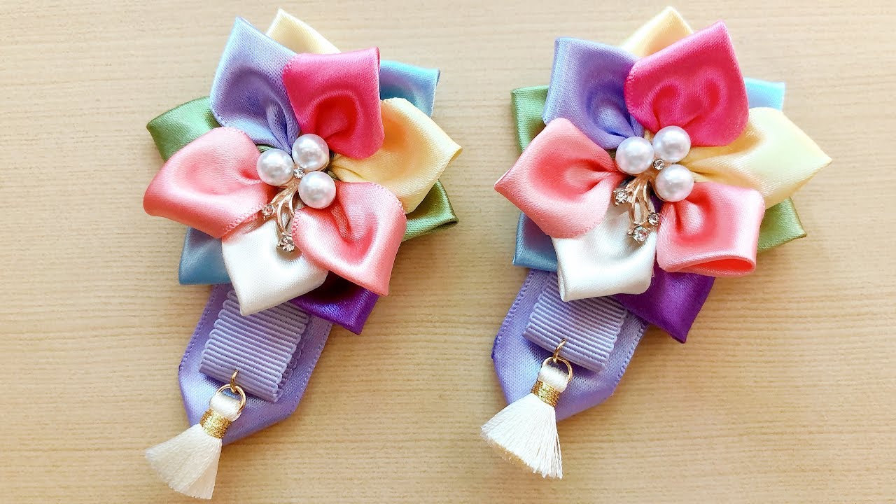 DIY, How to Make Flower Hair Clip, Hanbok Hairpin, Korean Traditional Clothes, Ribbon Art (77)