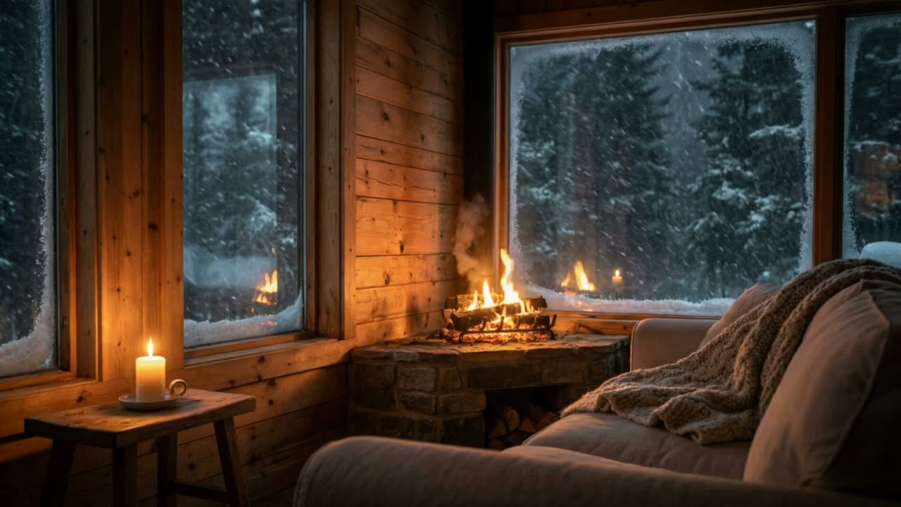 Cozy Fireplace in Winter Cabin 🔥 Snow Outside | 9 Hours Deep Relaxation & Sleep Sounds