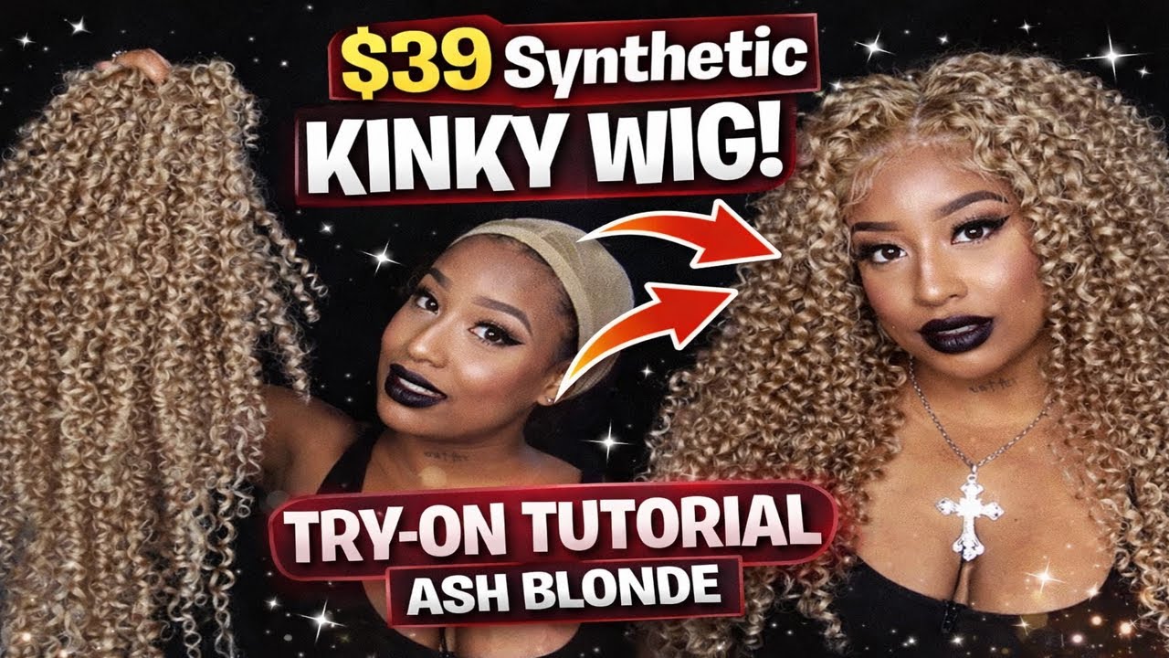 $39 KINKY CURLY 30” ASH BLONDE “human hair” MIX SYNTHETIC GLUELESS LACE WIG! #hairreview #wigs #613
