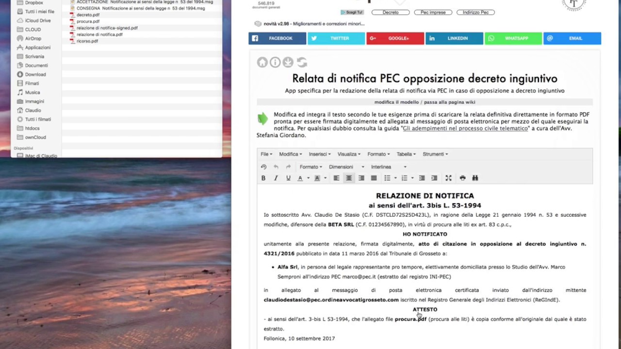 Relata di notifica PEC opposizione decreto ingiuntivo