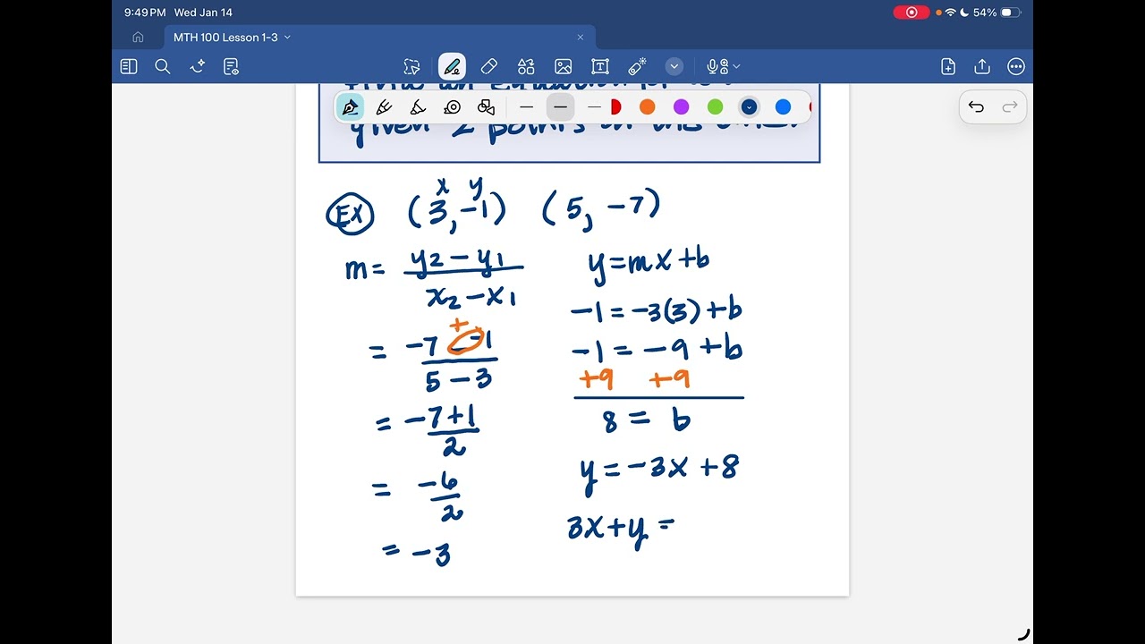 Writing an equation for a line given two points on the line.