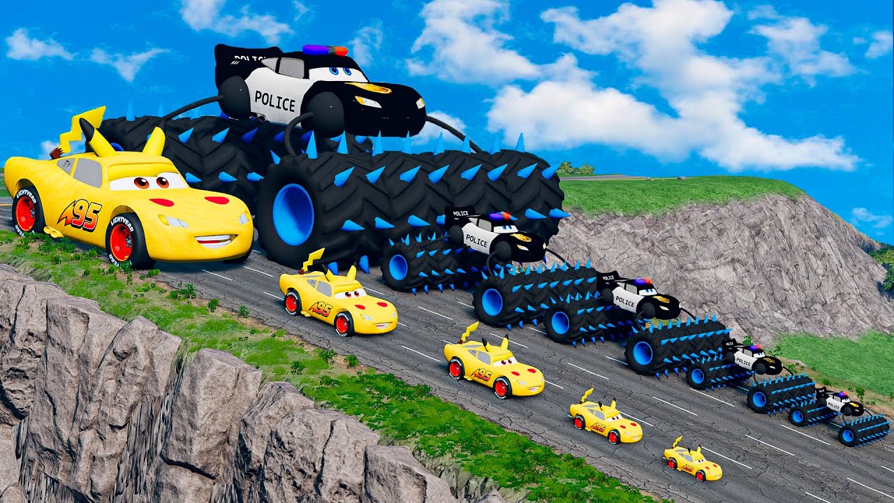 Big & Small Pikachu Lightning McQueen vs Police Lightning Mcqueen vs DOWN OF DEATH | BeamNG.drive