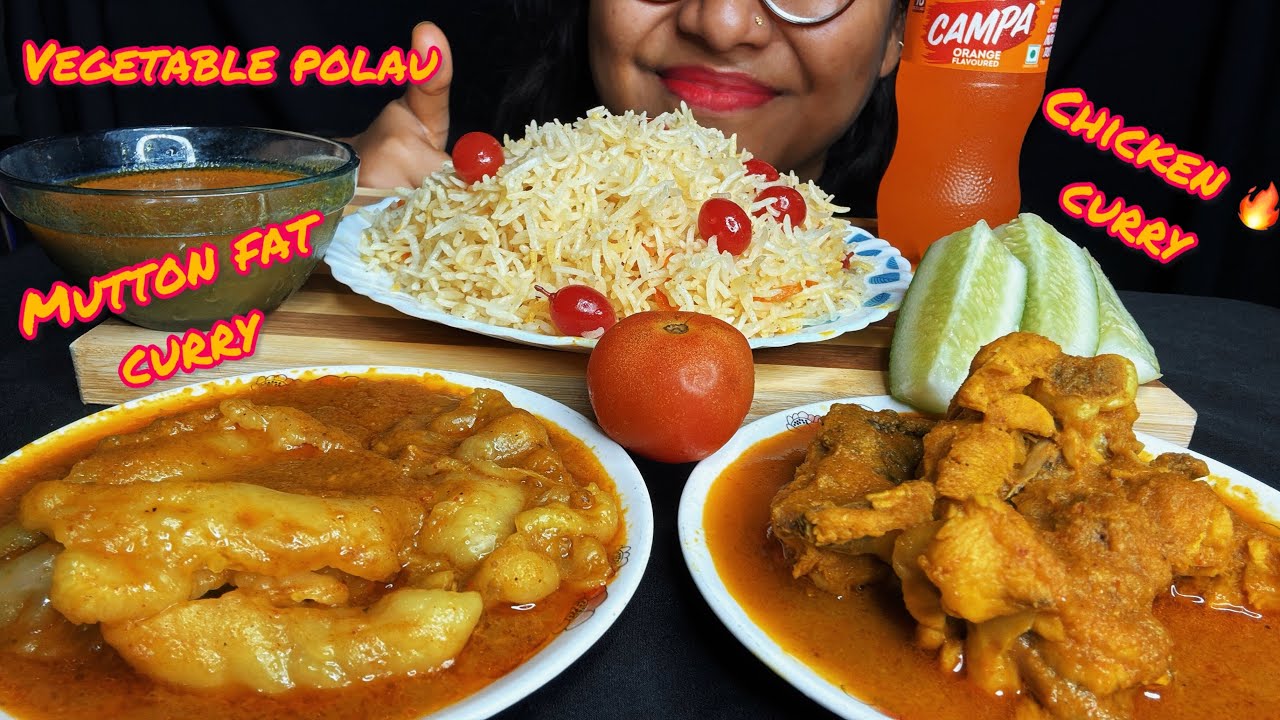 SPICY MUTTON FAT CURRY AND CHICKEN CURRY WITH VEGETABLE PULAO | ASMR MUKBANG 