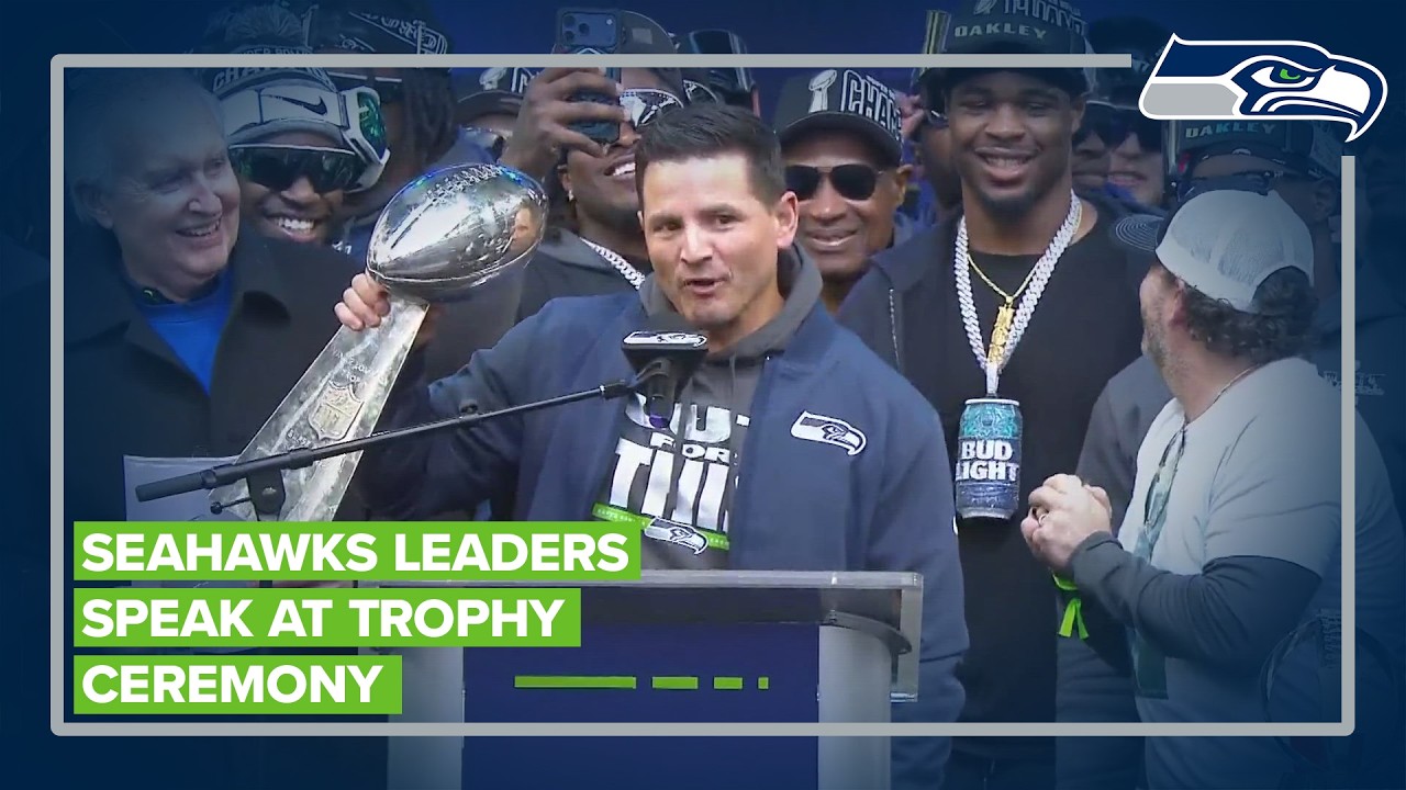 Seahawks GM Schneider, coach Macdonald and quarterback Darnold speak at Super Bowl celebration