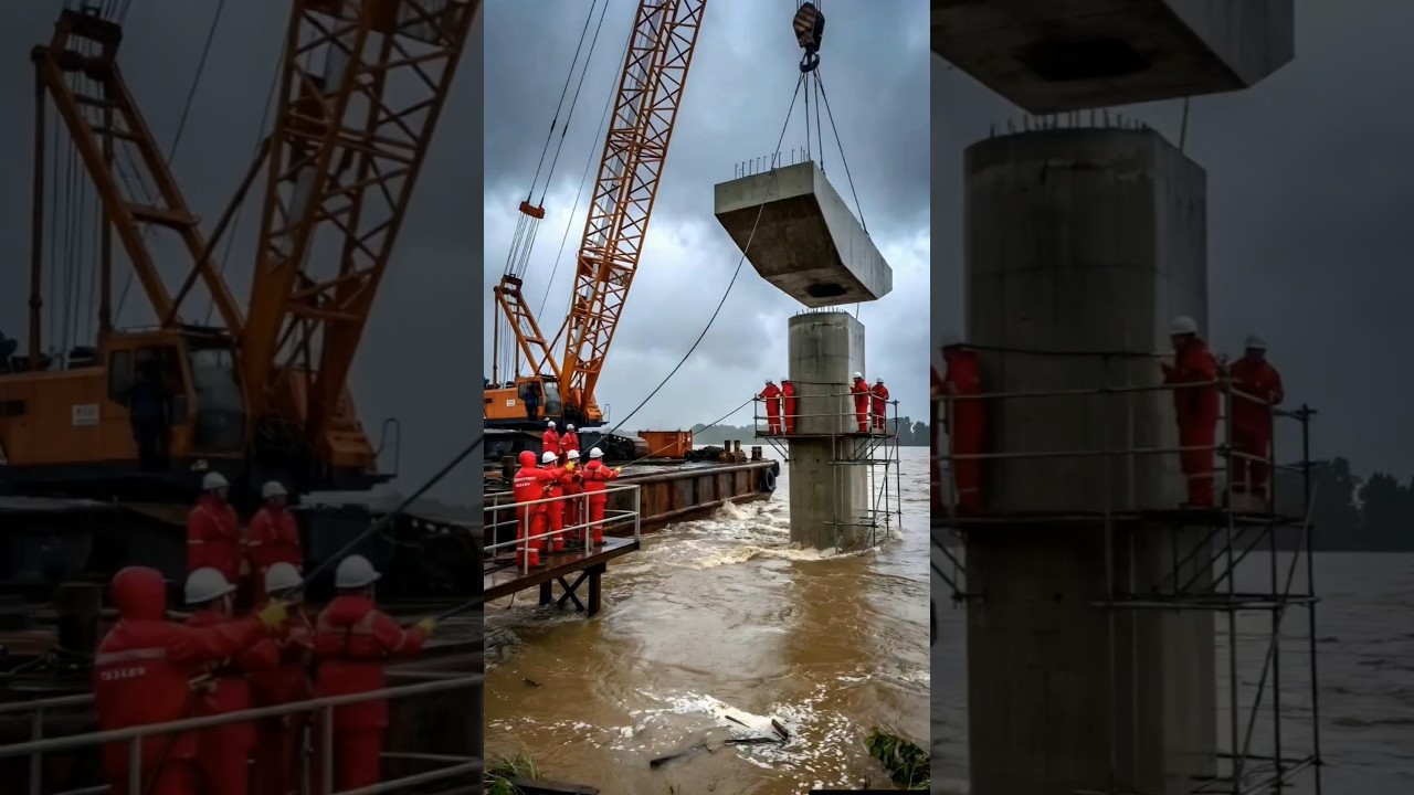 Extreme Bridge Construction During Heavy Flooding