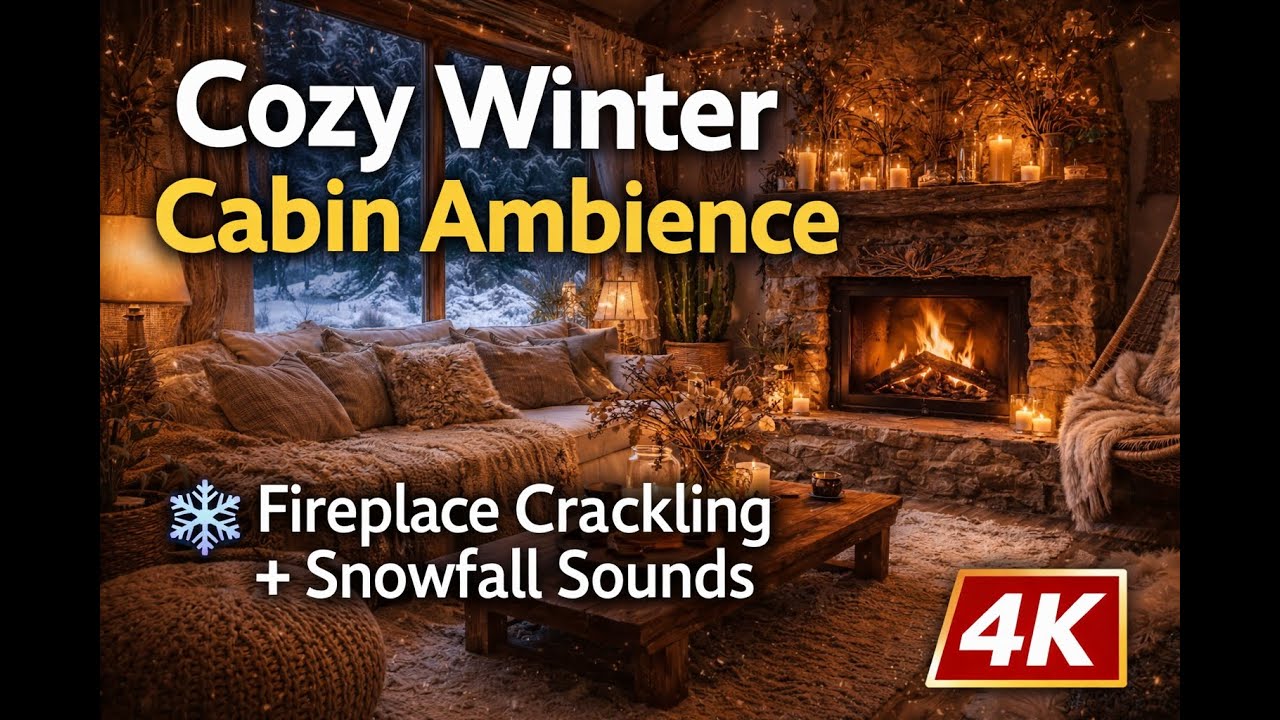 🕯️ Hygge Boho Cabin at Night | Warm Fireplace Sounds | Snowfall Window Ambience (4K)