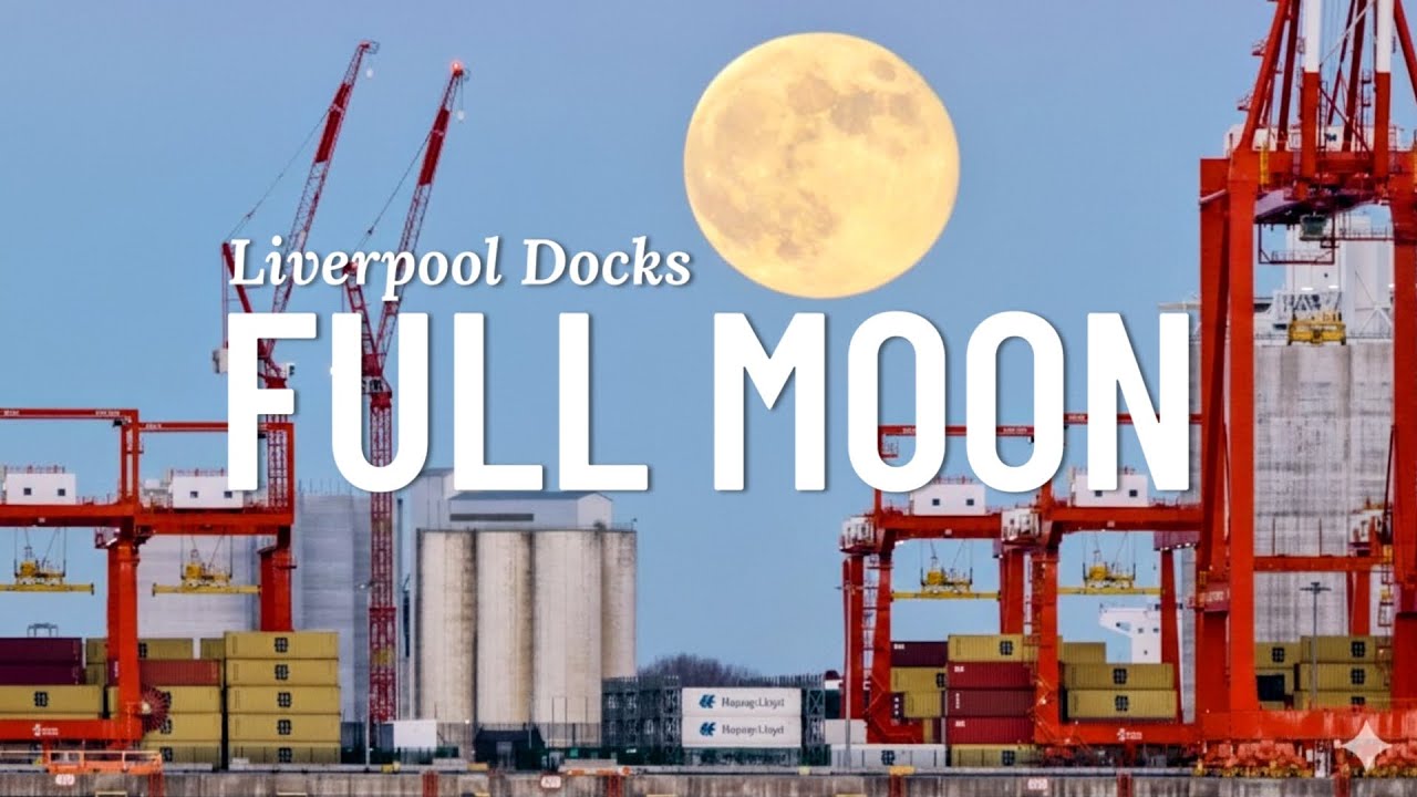 Wolf Super Full Moon rising over Liverpool docks