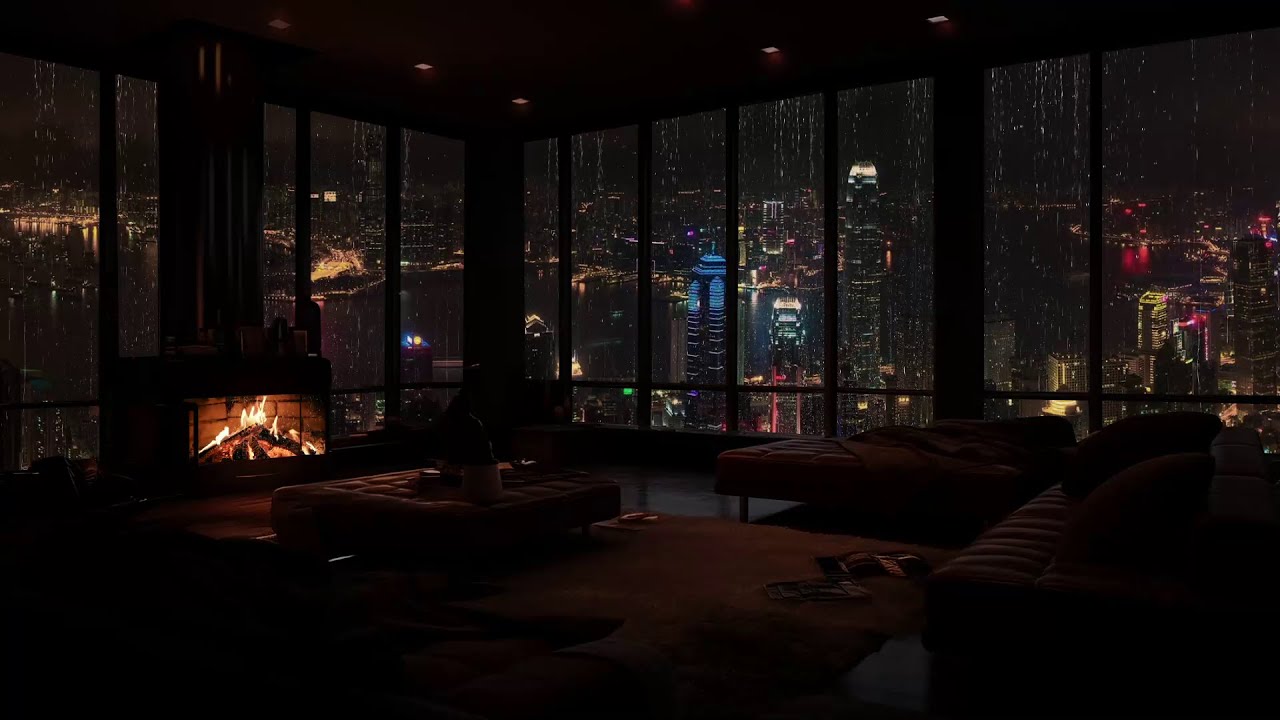 Entspannende Nächte in der Stadt: Kamin- und Regengeräusche mit Blick auf die Stadt 🌧️🔥