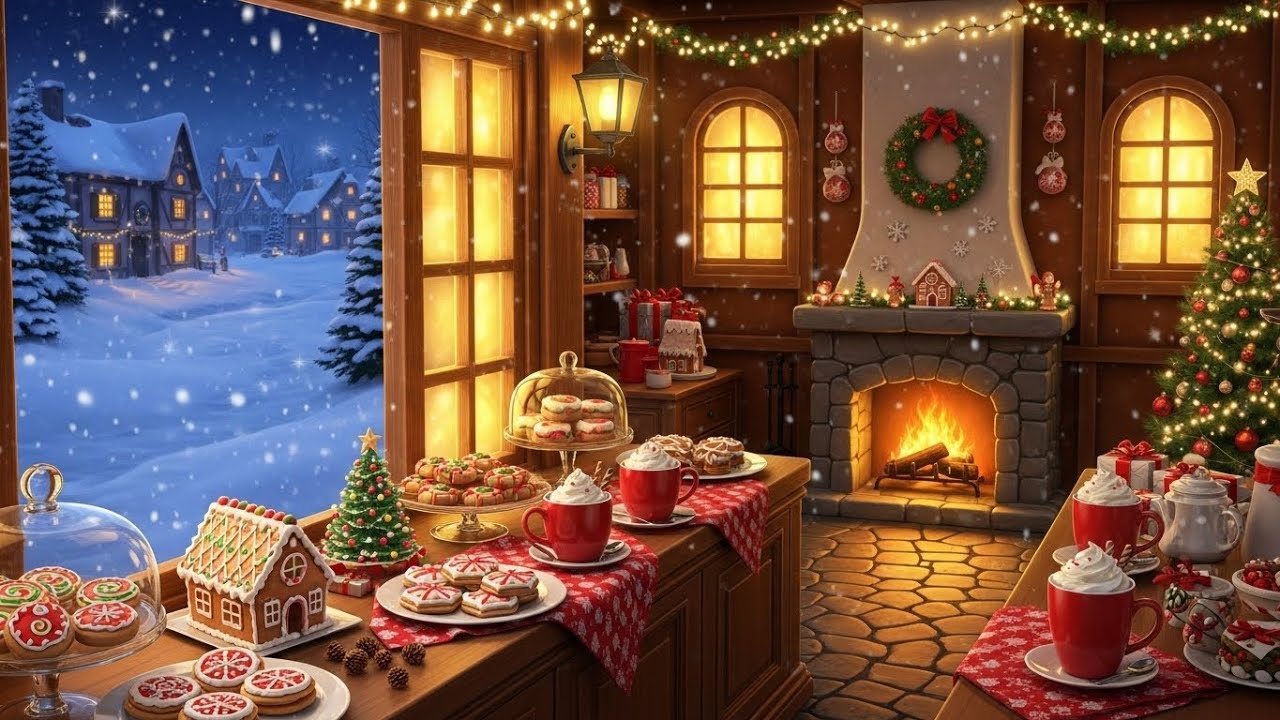 Magical Christmas Village Cafe Ambience 🏘️ Relaxing Instrumental Jazz & Snowy Streets