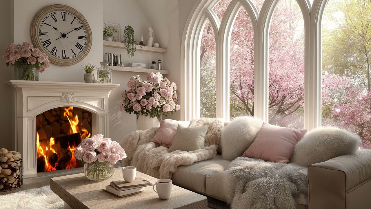 🤍🎹 Peaceful Piano Spring | Elegant White Lounge & Fireplace | 3 Hours Relaxing Sleep Study Healing