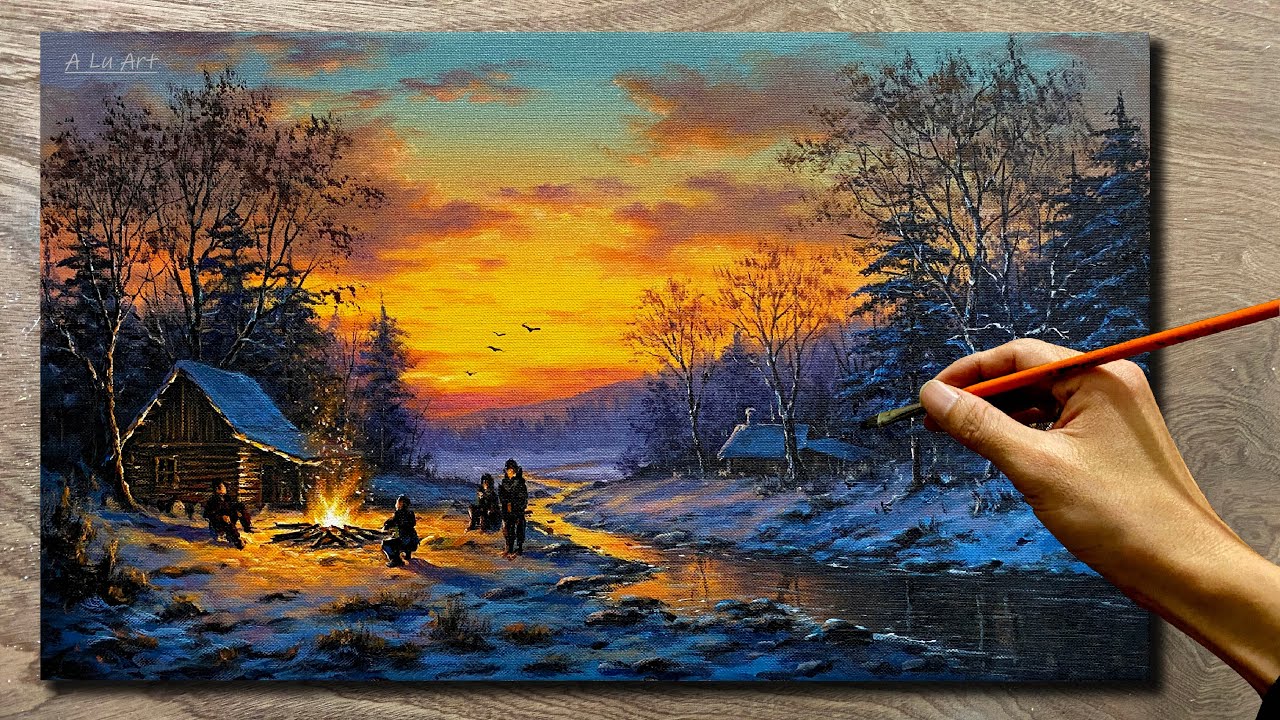Draw a winter bonfire scene /#94/ Winter landscape painting / Acrylic painting / A Lu Art