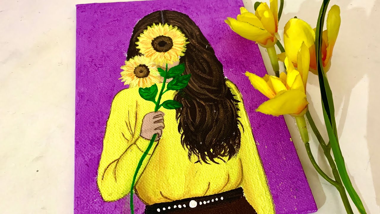 Beautiful Girl With Sunflower Painting and Yellow Flowers Painting | Acrylic Painting on Canvas
