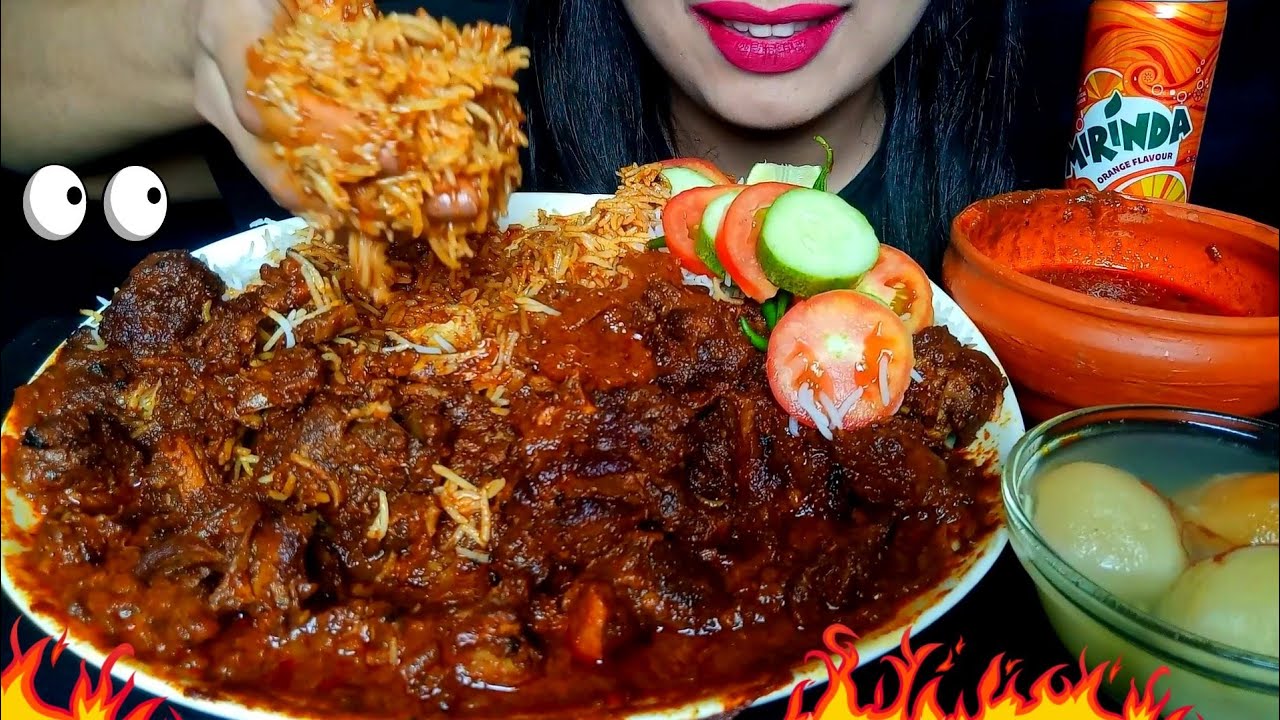 ASMR:EATING HUGE SPICY MUTTON TAWA BHUNA,BASMATI RICE WITH EXTRA GRAVY,ROSHOGOLLA,CHILLI|HUNGRY GIRL