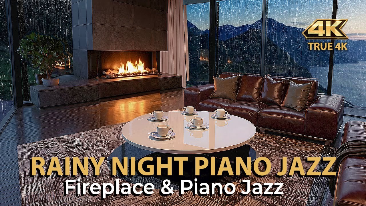 4K Rainy Night Window 🌧️ Fireplace & Piano Jazz | Cozy Living Painting