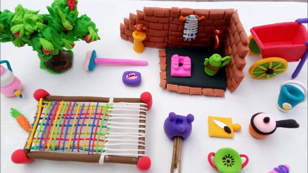 DIY How to make polymer clay miniature Village House with Washroom Set, Kitchen Set, Tree, Charpai |