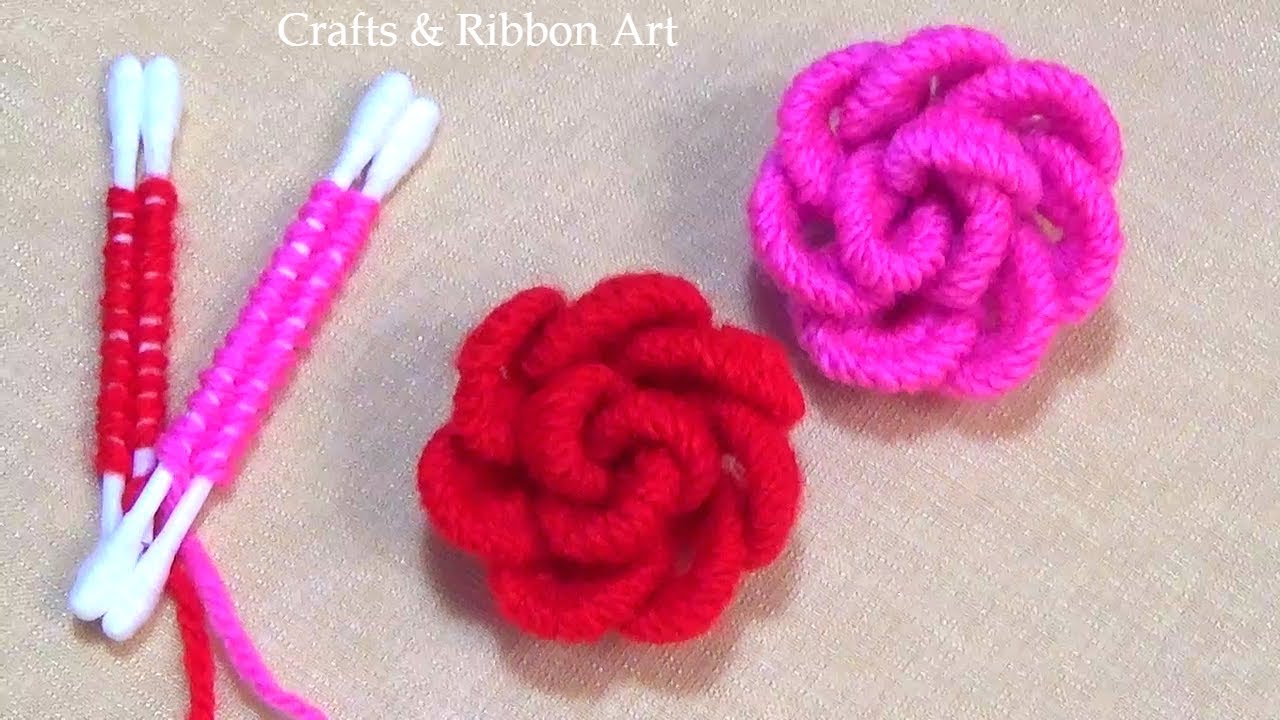 Amazing Trick with Cotton Bud - Easy Woolen Rose Making Ideas - 3d Hand Embroidery Flower Design