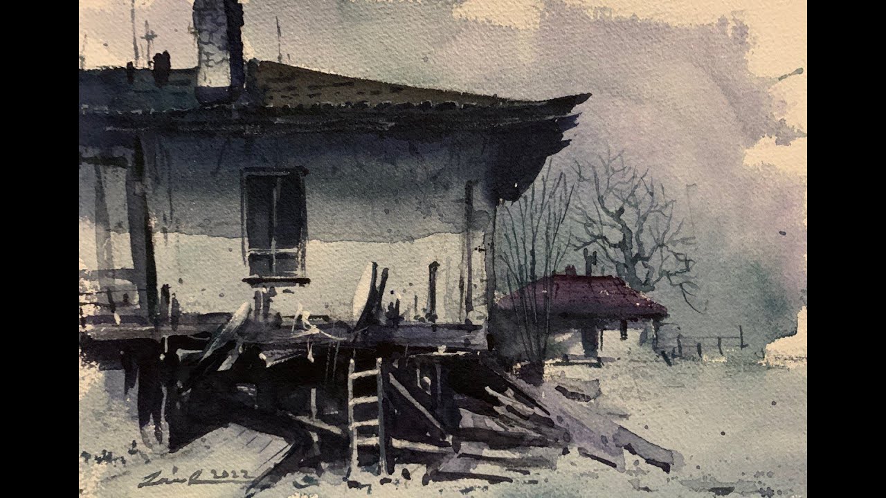 Watercolor painting tutorial - old house