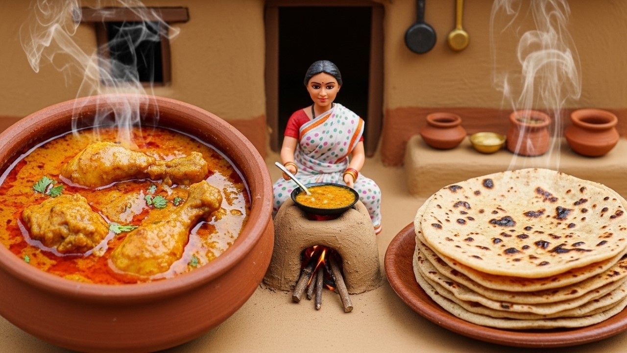 Miniature Doll massive Chicken Korma & Roti Cooking ASMR | Tiny Mud Kitchen Story