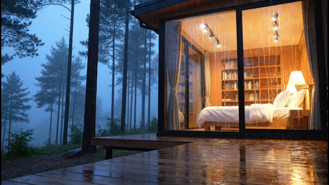 Deep Forest Sounds for Sleep and Relaxing Night Ambience Rainy Forest Cabin at Dusk