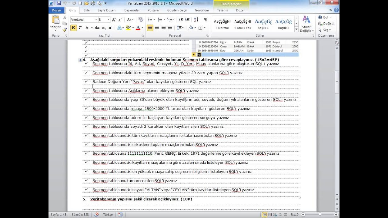 2015-2016 Veritabanı Organizasyonu SQL Sınav Soruları