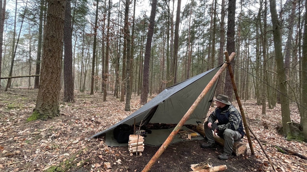 Tarp Aufbau 3x3m / Winter BIWAK bei -2 Grad / 24h Overnighter / Lagerfeuer / Gerard 🥶