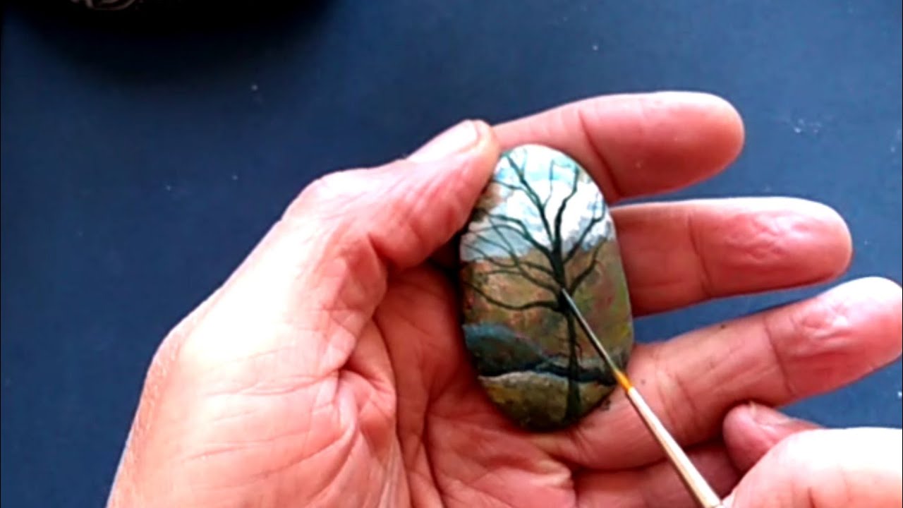 BOB ROSS INSPIRED LANDSCAPE WITH TREE - Folk Art Style - Rock Painting Idea