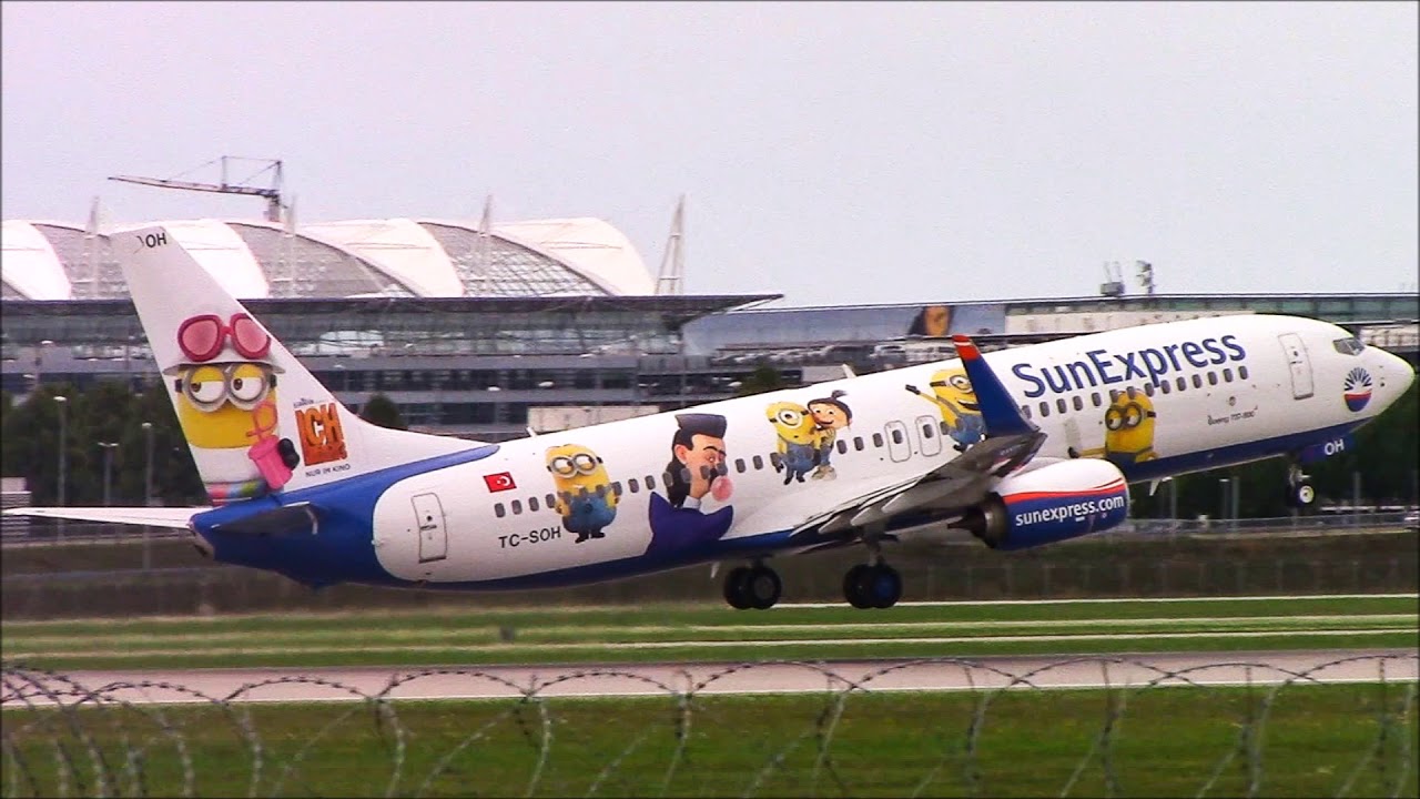 Sun Express B738 (TC-SOH) Minions livery taxi+take off at Munich Airport!