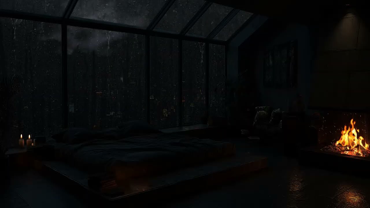 City Rain on the Window & Fireplace Crackles 🌧️🔥 Cozy Room Ambience for Deep Sleep, Stress Relief