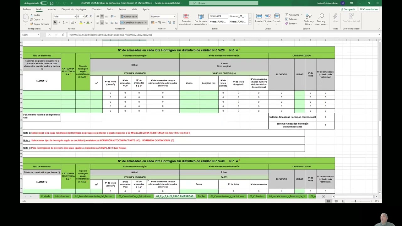 C&Aacute;LCULO DE AMASADAS - PLAN DE CONTROL DE CALIDAD DE MATERIALES -  OBRAS DE EDIFICACI&Oacute;N (COD. ESTR.)